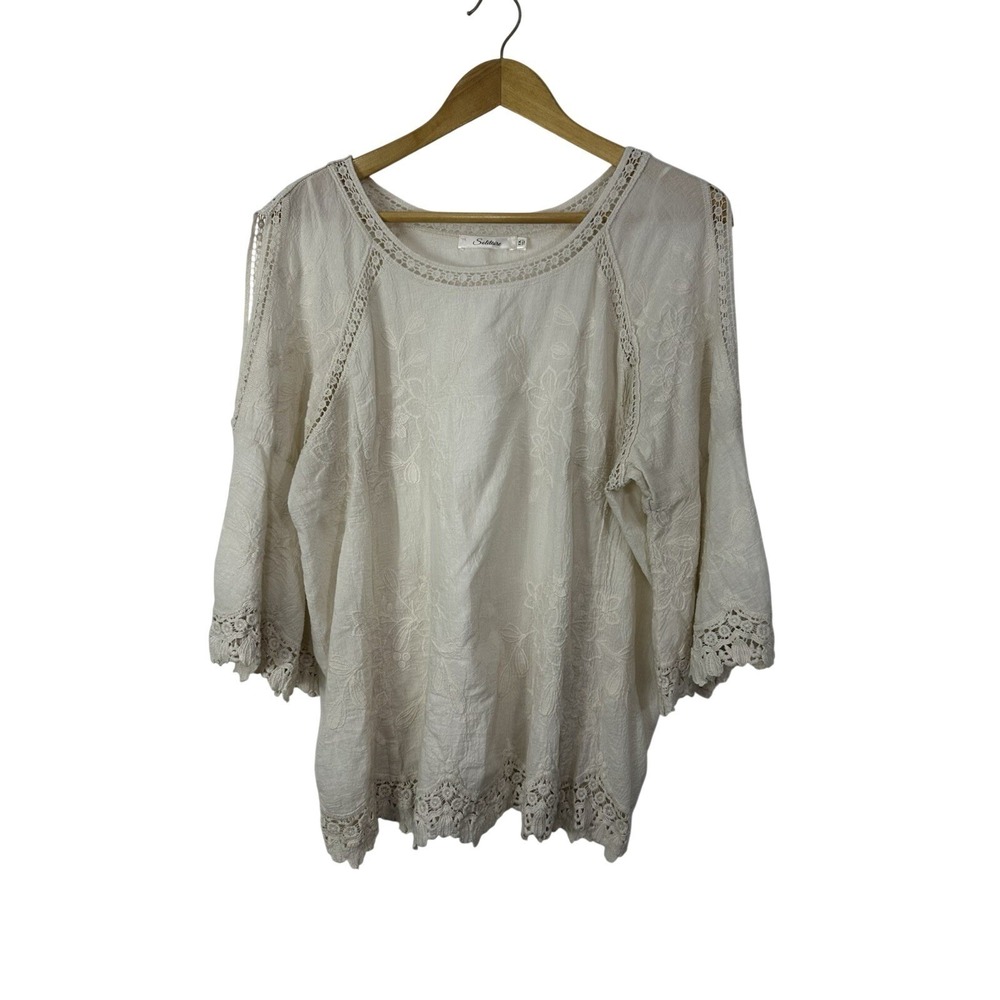 Solitaire Boho Crochet Top Size 2X Cream 3/4 Sleeve Cottage Floral Cold Shoulder